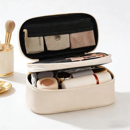 Makeup Bag, Double Layer Makeup Organizer, Portable Travel Cosmetic Bag, Small with Large Capacity and Divider, Easy Access (White)