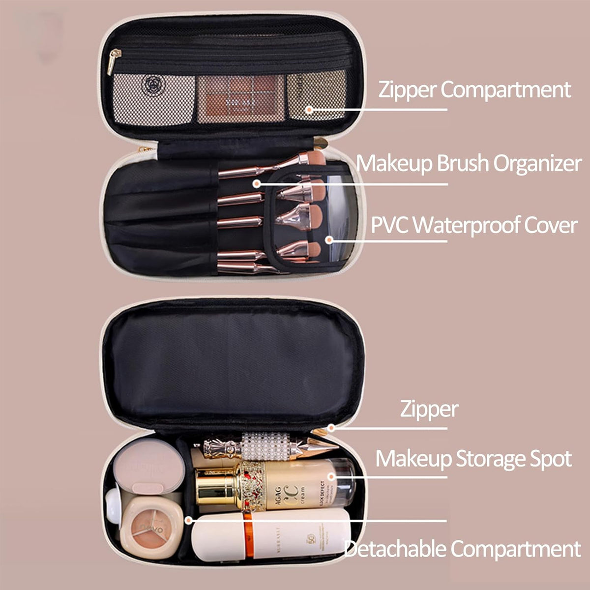 Makeup Bag, Double Layer Makeup Organizer, Portable Travel Cosmetic Bag, Small with Large Capacity and Divider, Easy Access (White)