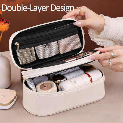 Makeup Bag, Double Layer Makeup Organizer, Portable Travel Cosmetic Bag, Small with Large Capacity and Divider, Easy Access (White)