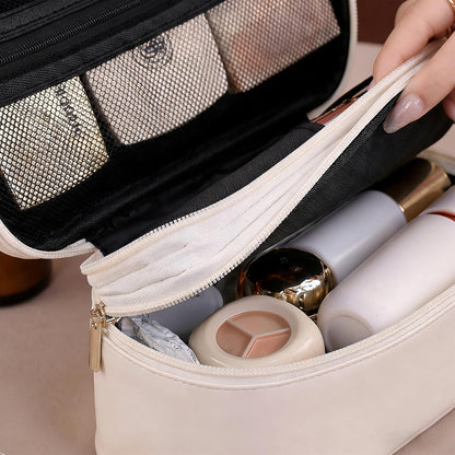 Makeup Bag, Double Layer Makeup Organizer, Portable Travel Cosmetic Bag, Small with Large Capacity and Divider, Easy Access (White)