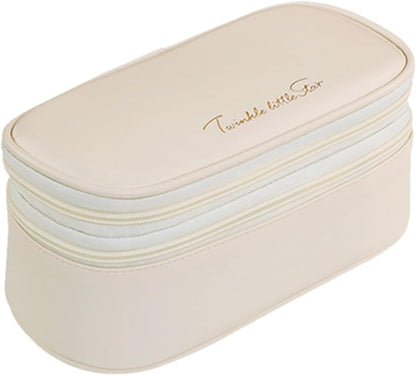 Makeup Bag, Double Layer Makeup Organizer, Portable Travel Cosmetic Bag, Small with Large Capacity and Divider, Easy Access (White)
