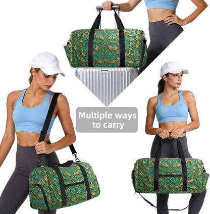Leaves and flowers Duffel Bag with Shoe Compartment-Sports Gym Weekender for Men Women, Waterproof Travel Tote with Wet Pocket for Dirty Shoes
