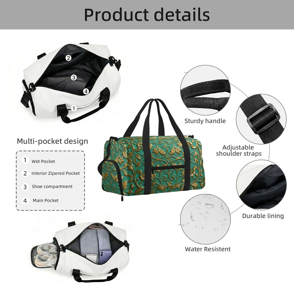 Leaves and flowers Duffel Bag with Shoe Compartment-Sports Gym Weekender for Men Women, Waterproof Travel Tote with Wet Pocket for Dirty Shoes