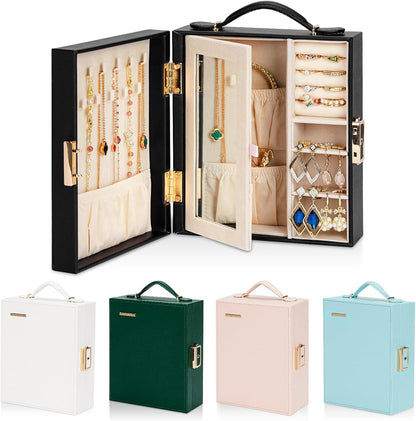 Large Travel Jewelry Case: Portable Necklace Box with Mirror - PU Leather & Velvet Lined Jewelry Organizer for Ring Earring Bangle Bracelets Watch - Birthday Gift for Her