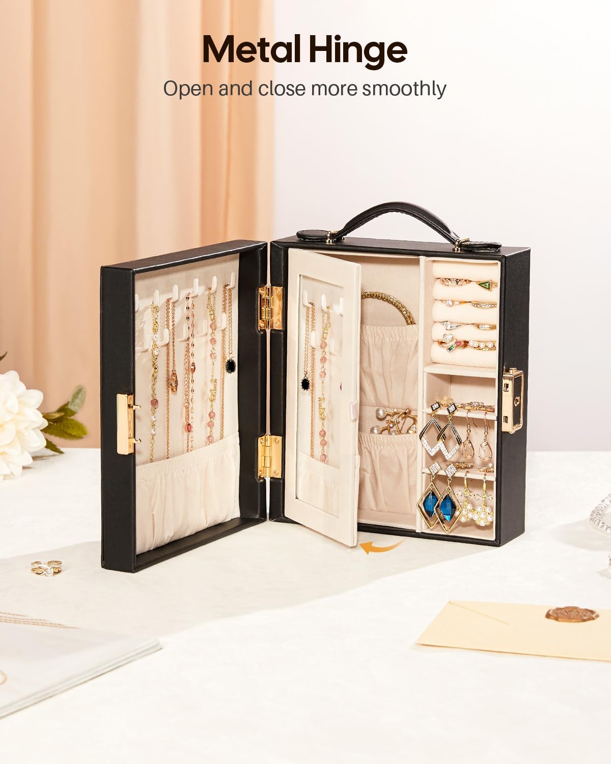 Large Travel Jewelry Case: Portable Necklace Box with Mirror - PU Leather & Velvet Lined Jewelry Organizer for Ring Earring Bangle Bracelets Watch - Birthday Gift for Her