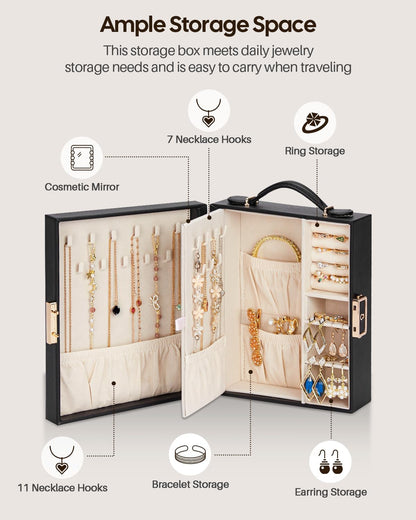 Large Travel Jewelry Case: Portable Necklace Box with Mirror - PU Leather & Velvet Lined Jewelry Organizer for Ring Earring Bangle Bracelets Watch - Birthday Gift for Her