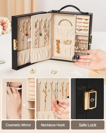 Large Travel Jewelry Case: Portable Necklace Box with Mirror - PU Leather & Velvet Lined Jewelry Organizer for Ring Earring Bangle Bracelets Watch - Birthday Gift for Her