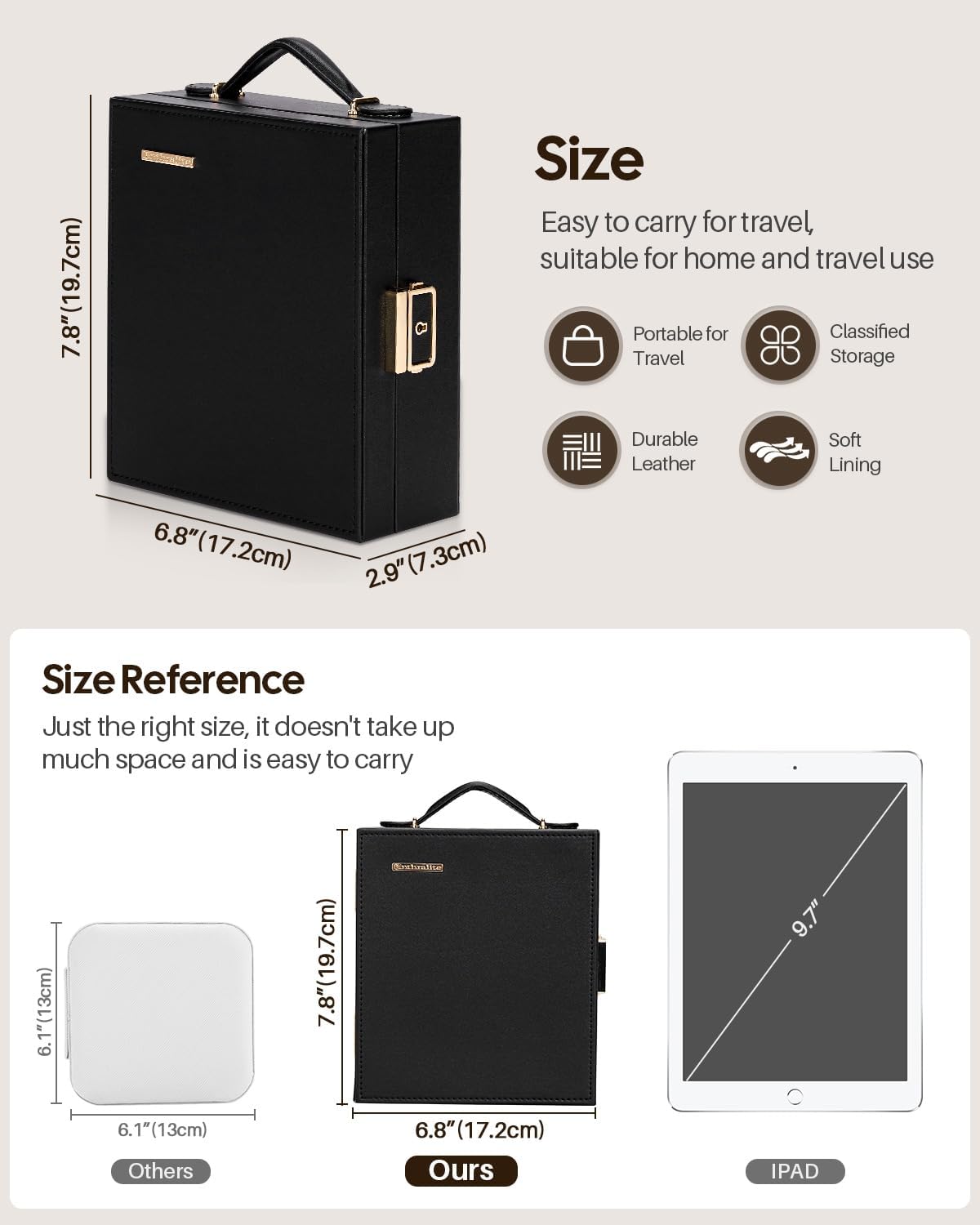 Large Travel Jewelry Case: Portable Necklace Box with Mirror - PU Leather & Velvet Lined Jewelry Organizer for Ring Earring Bangle Bracelets Watch - Birthday Gift for Her