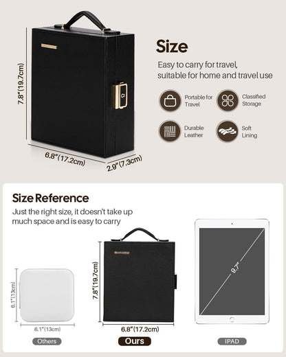 Large Travel Jewelry Case: Portable Necklace Box with Mirror - PU Leather & Velvet Lined Jewelry Organizer for Ring Earring Bangle Bracelets Watch - Birthday Gift for Her