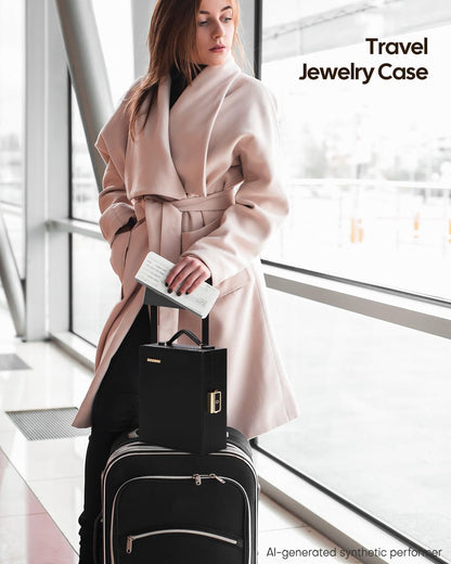 Large Travel Jewelry Case: Portable Necklace Box with Mirror - PU Leather & Velvet Lined Jewelry Organizer for Ring Earring Bangle Bracelets Watch - Birthday Gift for Her