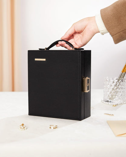 Large Travel Jewelry Case: Portable Necklace Box with Mirror - PU Leather & Velvet Lined Jewelry Organizer for Ring Earring Bangle Bracelets Watch - Birthday Gift for Her