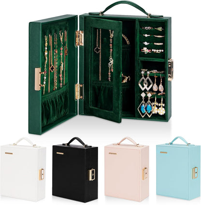 Large Travel Jewelry Case: Portable Necklace Box with Mirror - PU Leather & Velvet Lined Jewelry Organizer for Ring Earring Bangle Bracelets Watch - Birthday Gift for Her