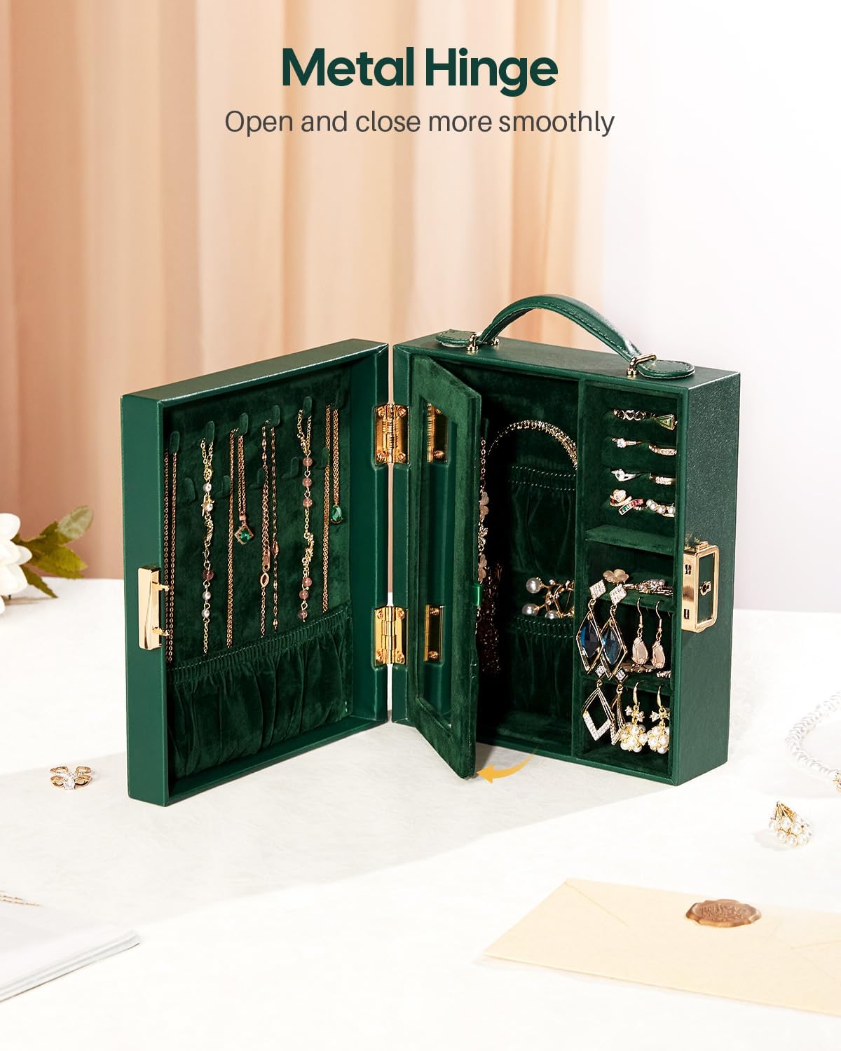 Large Travel Jewelry Case: Portable Necklace Box with Mirror - PU Leather & Velvet Lined Jewelry Organizer for Ring Earring Bangle Bracelets Watch - Birthday Gift for Her