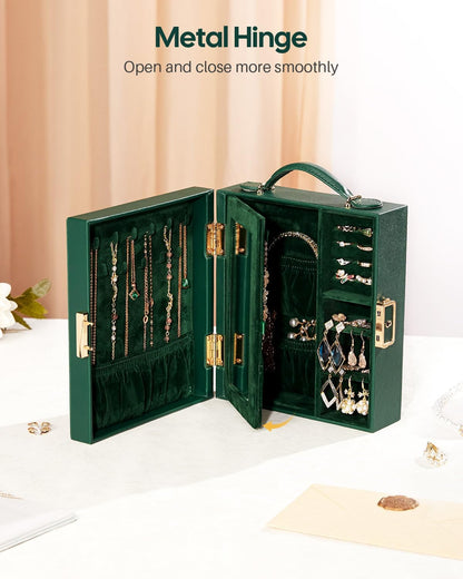 Large Travel Jewelry Case: Portable Necklace Box with Mirror - PU Leather & Velvet Lined Jewelry Organizer for Ring Earring Bangle Bracelets Watch - Birthday Gift for Her