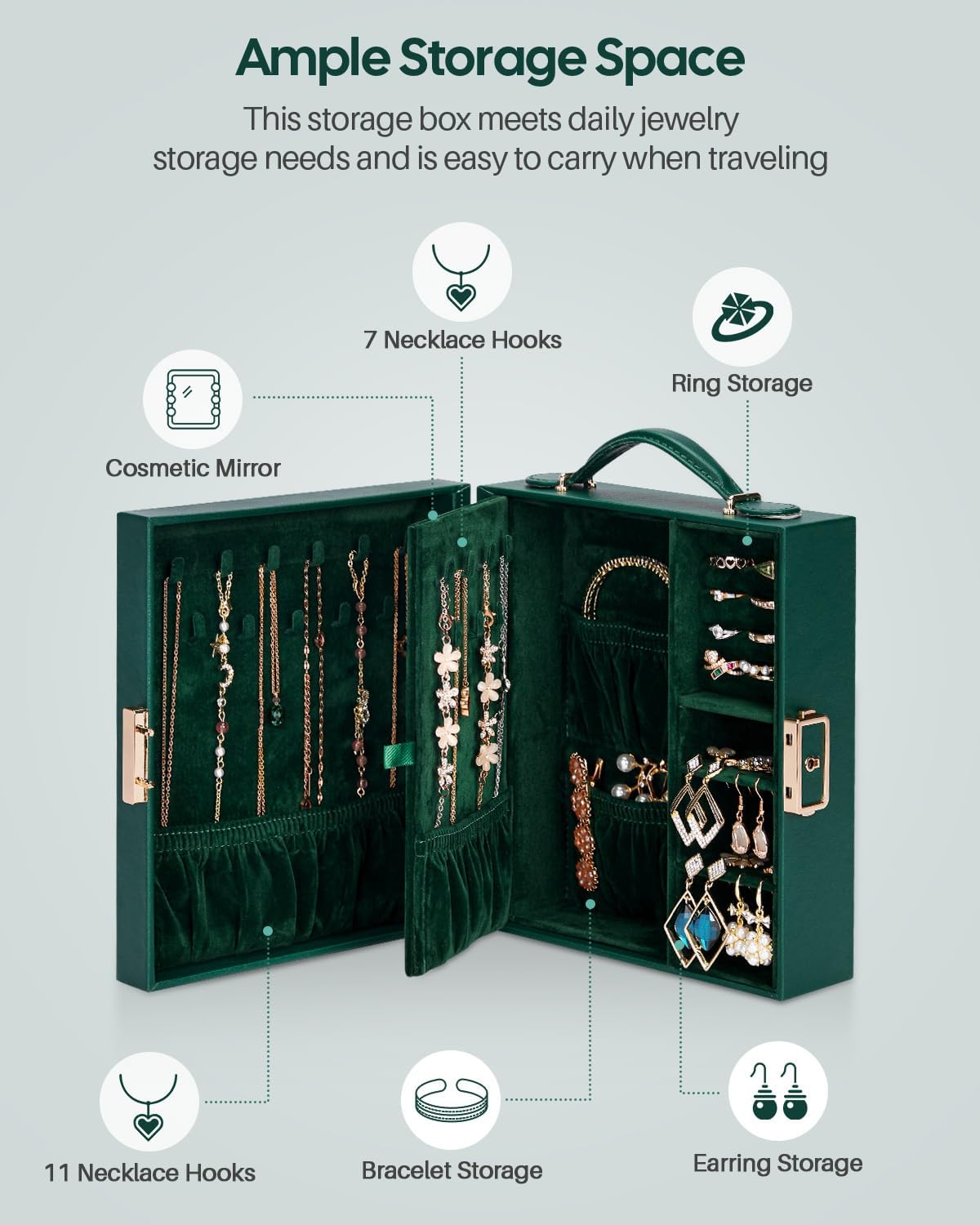 Large Travel Jewelry Case: Portable Necklace Box with Mirror - PU Leather & Velvet Lined Jewelry Organizer for Ring Earring Bangle Bracelets Watch - Birthday Gift for Her