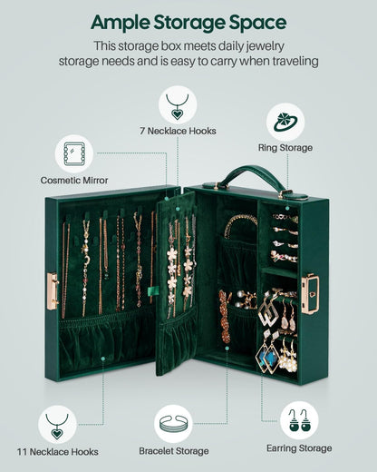 Large Travel Jewelry Case: Portable Necklace Box with Mirror - PU Leather & Velvet Lined Jewelry Organizer for Ring Earring Bangle Bracelets Watch - Birthday Gift for Her