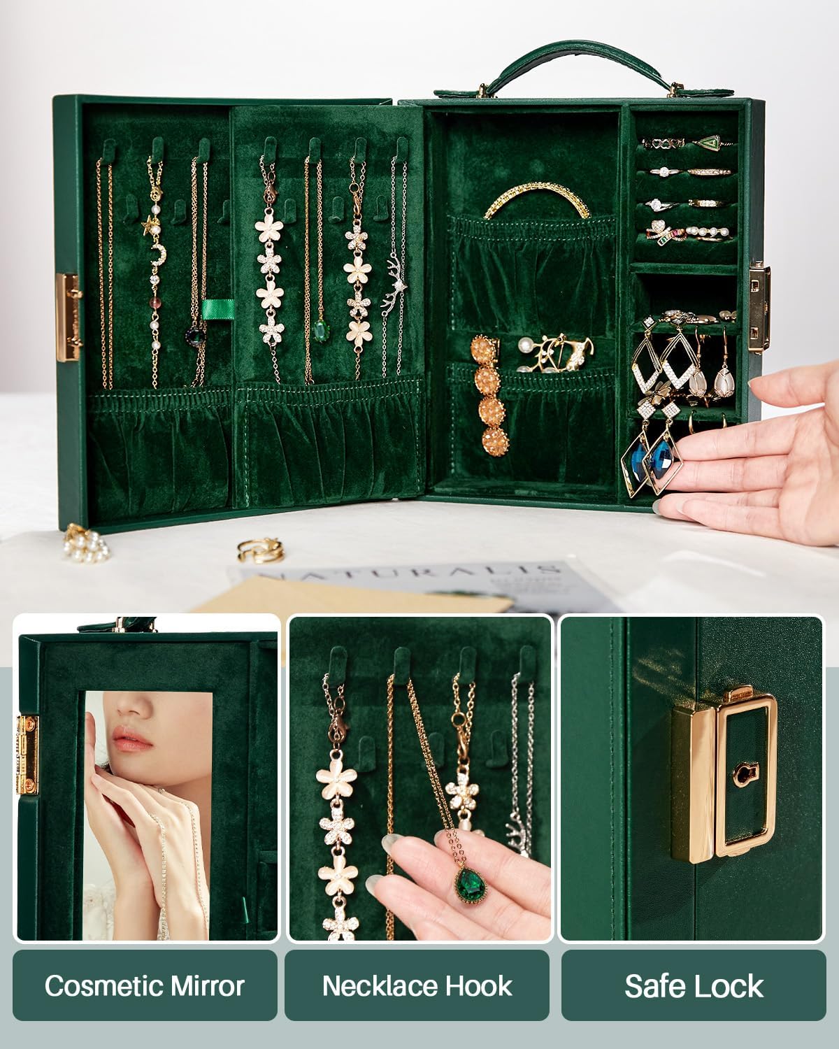 Large Travel Jewelry Case: Portable Necklace Box with Mirror - PU Leather & Velvet Lined Jewelry Organizer for Ring Earring Bangle Bracelets Watch - Birthday Gift for Her