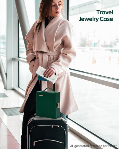 Large Travel Jewelry Case: Portable Necklace Box with Mirror - PU Leather & Velvet Lined Jewelry Organizer for Ring Earring Bangle Bracelets Watch - Birthday Gift for Her
