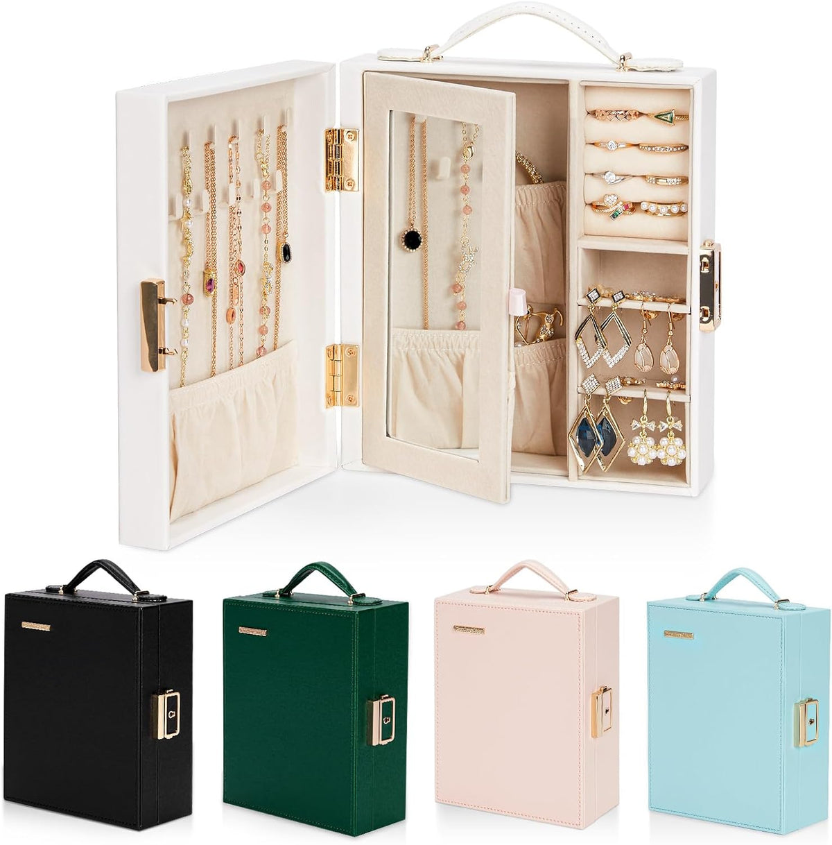 Large Travel Jewelry Case: Portable Necklace Box with Mirror - PU Leather & Velvet Lined Jewelry Organizer for Ring Earring Bangle Bracelets Watch - Birthday Gift for Her
