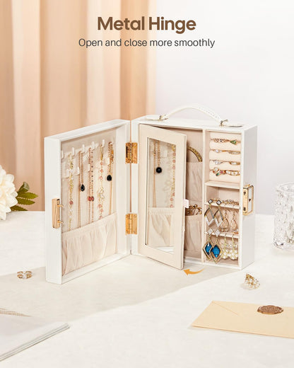 Large Travel Jewelry Case: Portable Necklace Box with Mirror - PU Leather & Velvet Lined Jewelry Organizer for Ring Earring Bangle Bracelets Watch - Birthday Gift for Her
