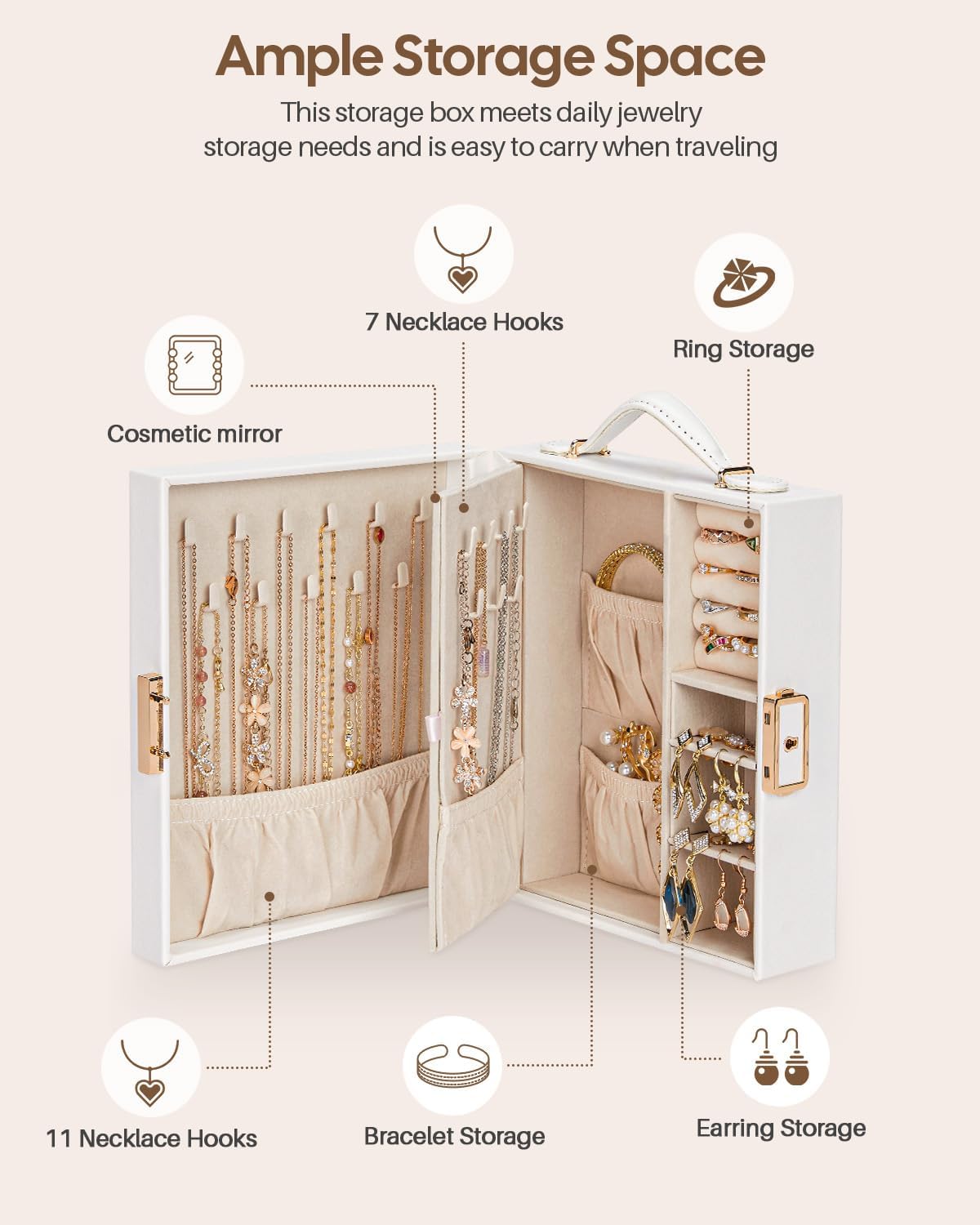 Large Travel Jewelry Case: Portable Necklace Box with Mirror - PU Leather & Velvet Lined Jewelry Organizer for Ring Earring Bangle Bracelets Watch - Birthday Gift for Her