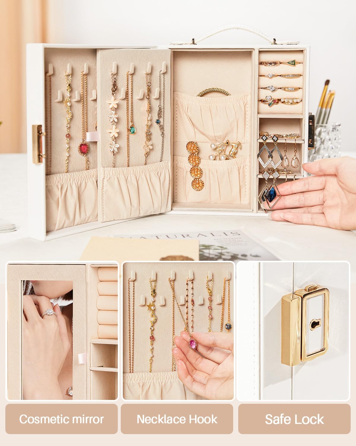 Large Travel Jewelry Case: Portable Necklace Box with Mirror - PU Leather & Velvet Lined Jewelry Organizer for Ring Earring Bangle Bracelets Watch - Birthday Gift for Her