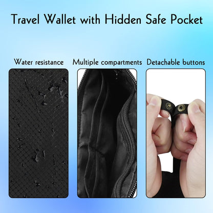 Travel Wallet with Hidden Safe Pocket, Passport Wallet with Metal Snap Button for Cash, Credit Cards and Travel Documents, Money Belt for Travel Women and Men Hidden