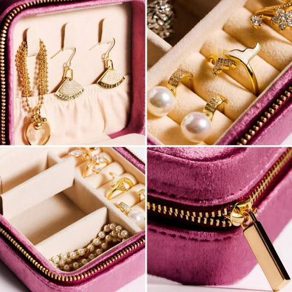 Velvet Jewelry Box, Small Travel Jewelry Organizer, Portable Jewelry Case for Women with Mirror, Green Mini Plush Travel Box
