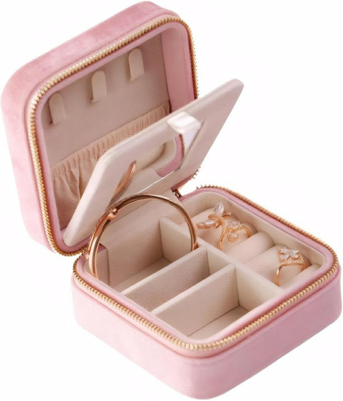 Velvet Jewelry Box, Small Travel Jewelry Organizer, Portable Jewelry Case for Women with Mirror, Green Mini Plush Travel Box