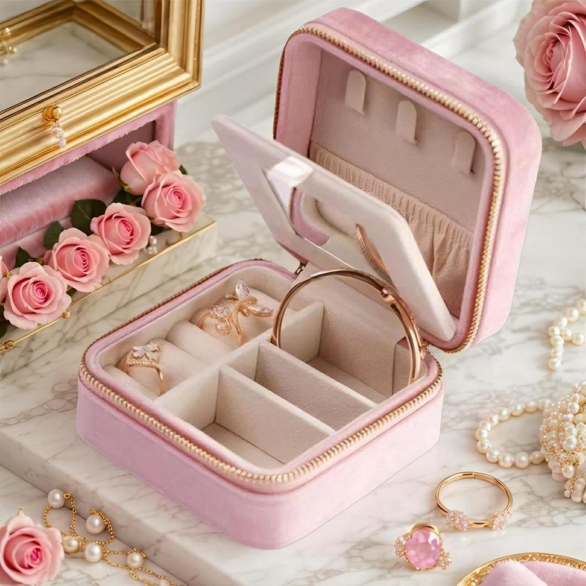Velvet Jewelry Box, Small Travel Jewelry Organizer, Portable Jewelry Case for Women with Mirror, Green Mini Plush Travel Box