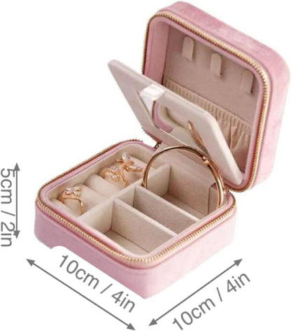 Velvet Jewelry Box, Small Travel Jewelry Organizer, Portable Jewelry Case for Women with Mirror, Green Mini Plush Travel Box