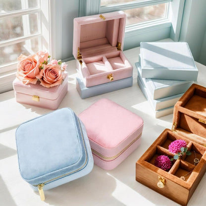 Velvet Jewelry Box, Small Travel Jewelry Organizer, Portable Jewelry Case for Women with Mirror, Green Mini Plush Travel Box
