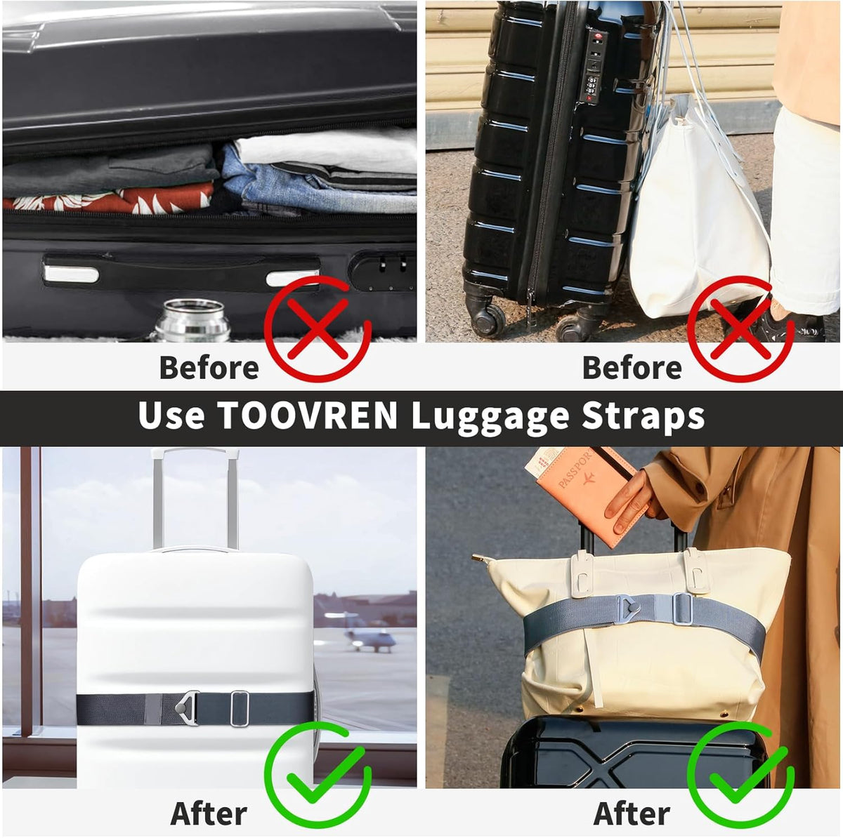 2-in-1 Travel Belt for Luggage Straps Add a Bag Bungees Suitcase Luggage Strap Over Handle Suitcases Belt for Carry On Bag Adjustable Backpack Attachment Airport Travel Accessories Orange