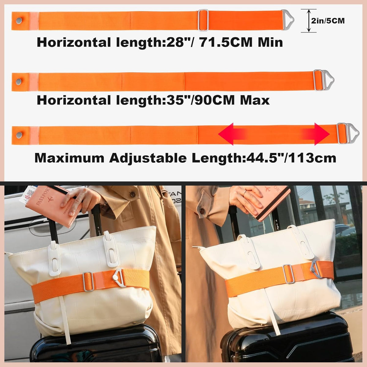2-in-1 Travel Belt for Luggage Straps Add a Bag Bungees Suitcase Luggage Strap Over Handle Suitcases Belt for Carry On Bag Adjustable Backpack Attachment Airport Travel Accessories Orange