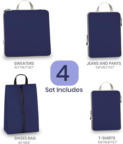 6 Set Compression Packing Cubes for Travel Expandable Packing Organizer Bag | Water-Resistant Suitcase Bags with Shoe Bag, Ultralight Storage Travel Bags for Carry-on Luggage, S M L XL Sizes, Blue