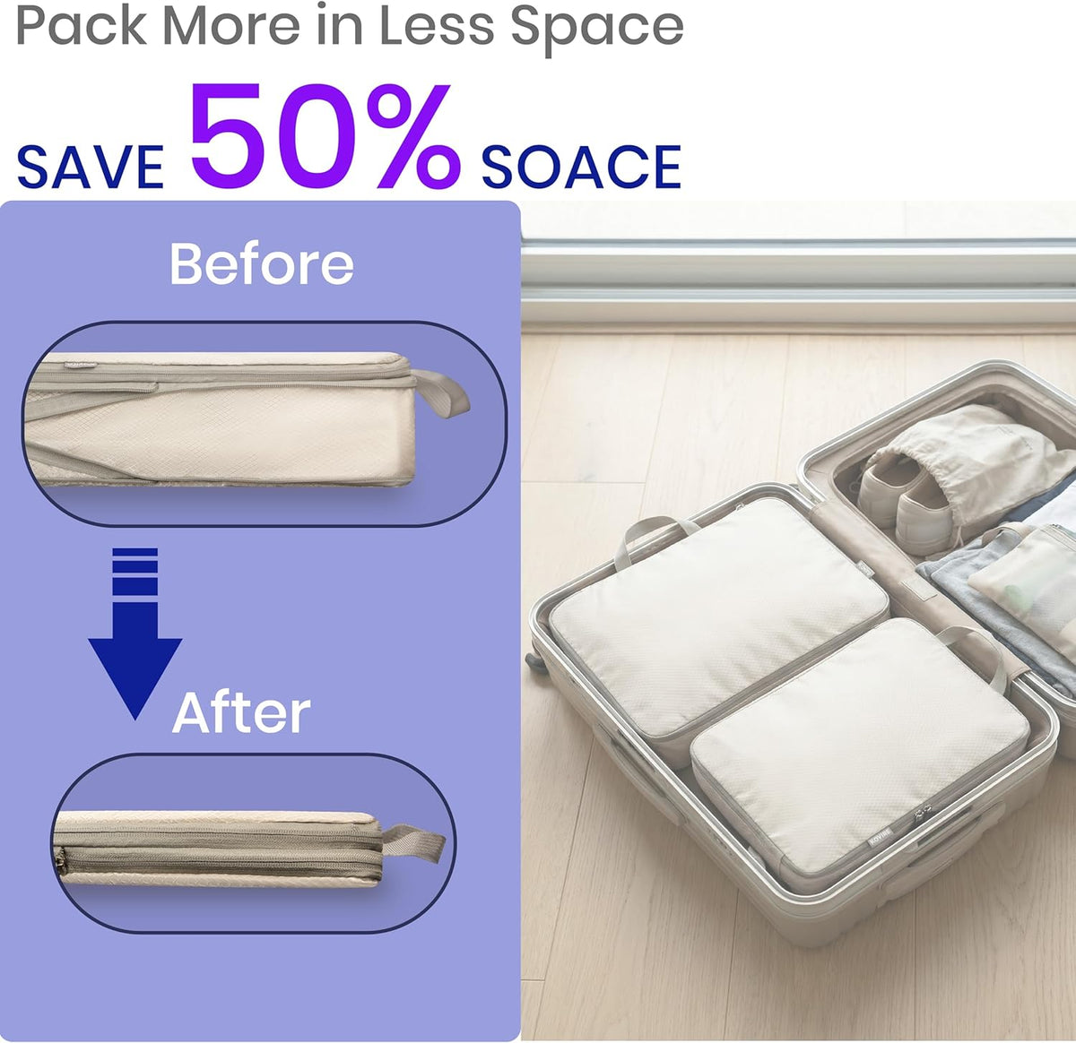 6 Set Compression Packing Cubes for Travel Expandable Packing Organizer Bag | Water-Resistant Suitcase Bags with Shoe Bag, Ultralight Storage Travel Bags for Carry-on Luggage, S M L XL Sizes, Blue