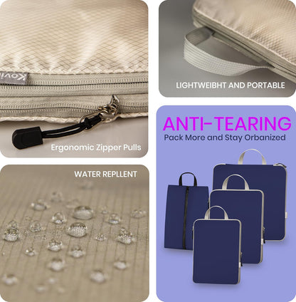 6 Set Compression Packing Cubes for Travel Expandable Packing Organizer Bag | Water-Resistant Suitcase Bags with Shoe Bag, Ultralight Storage Travel Bags for Carry-on Luggage, S M L XL Sizes, Blue