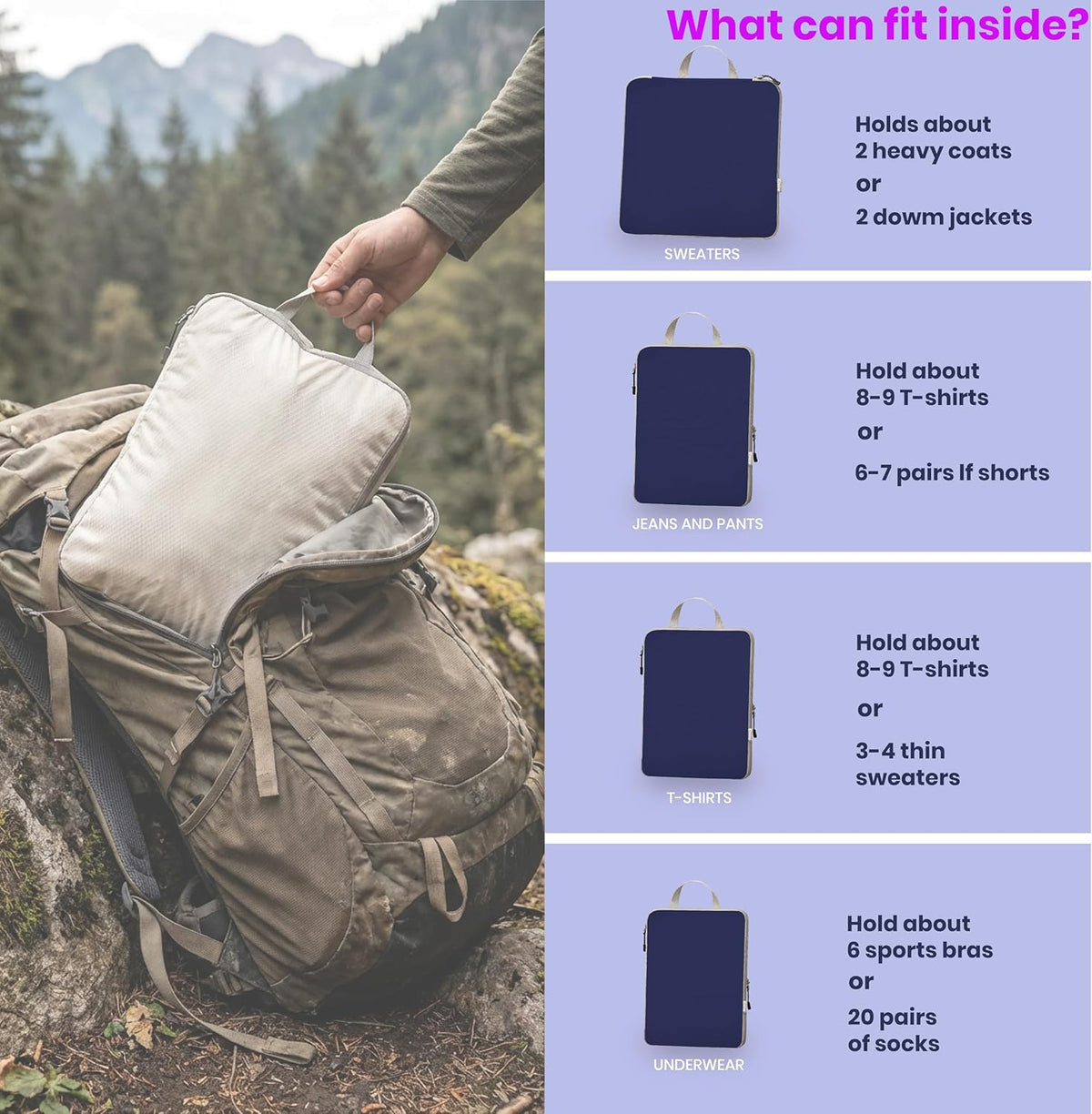 6 Set Compression Packing Cubes for Travel Expandable Packing Organizer Bag | Water-Resistant Suitcase Bags with Shoe Bag, Ultralight Storage Travel Bags for Carry-on Luggage, S M L XL Sizes, Blue