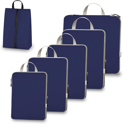 6 Set Compression Packing Cubes for Travel Expandable Packing Organizer Bag | Water-Resistant Suitcase Bags with Shoe Bag, Ultralight Storage Travel Bags for Carry-on Luggage, S M L XL Sizes, Blue