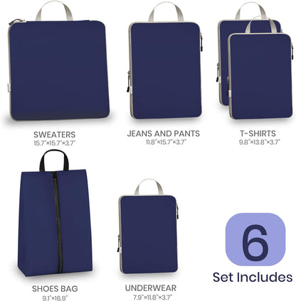 6 Set Compression Packing Cubes for Travel Expandable Packing Organizer Bag | Water-Resistant Suitcase Bags with Shoe Bag, Ultralight Storage Travel Bags for Carry-on Luggage, S M L XL Sizes, Blue