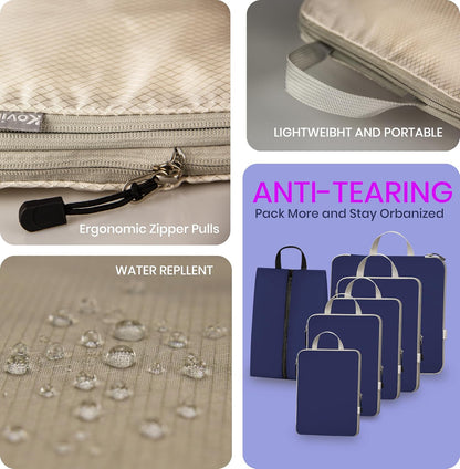 6 Set Compression Packing Cubes for Travel Expandable Packing Organizer Bag | Water-Resistant Suitcase Bags with Shoe Bag, Ultralight Storage Travel Bags for Carry-on Luggage, S M L XL Sizes, Blue