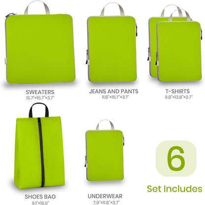 6 Set Compression Packing Cubes for Travel Expandable Packing Organizer Bag | Water-Resistant Suitcase Bags with Shoe Bag, Ultralight Storage Travel Bags for Carry-on Luggage, S M L XL Sizes, Blue