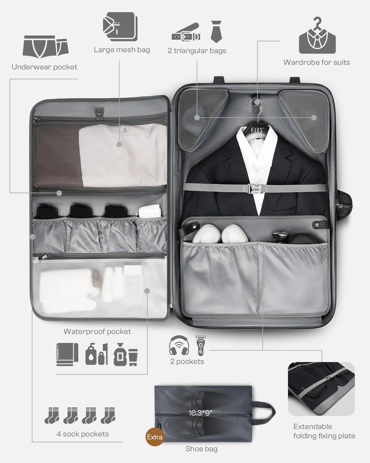 Rolling Garment Bags for Travel, Built-in Hanging Feature, Wheeled Business Suitcase with 17 Inch Laptop Compartment, Lockable Carry on Luggage for Men and Women with Wheels, Black
