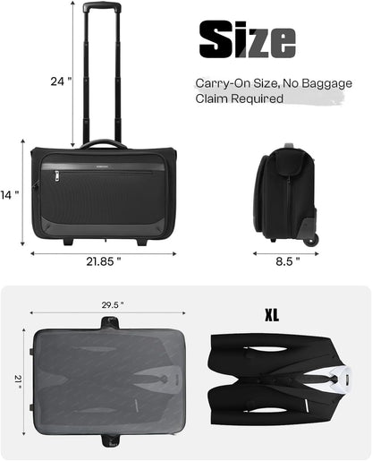 Rolling Garment Bags for Travel, Built-in Hanging Feature, Wheeled Business Suitcase with 17 Inch Laptop Compartment, Lockable Carry on Luggage for Men and Women with Wheels, Black