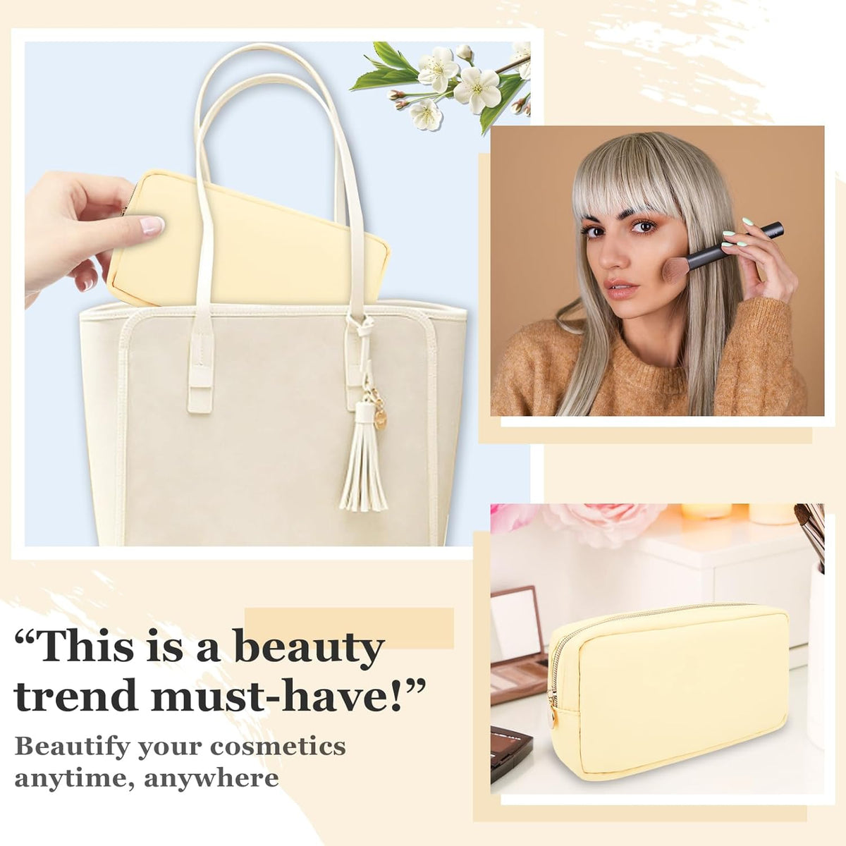 Nylon Large Floral Makeup Organizer Bag, Preppy Big Cute Flower Cosmetic Zipper Pouch Multi-compartment with Dividers, Waterproof Toiletry Make Up Bag Travel Essentials for Women(Light Yellow-Flower)