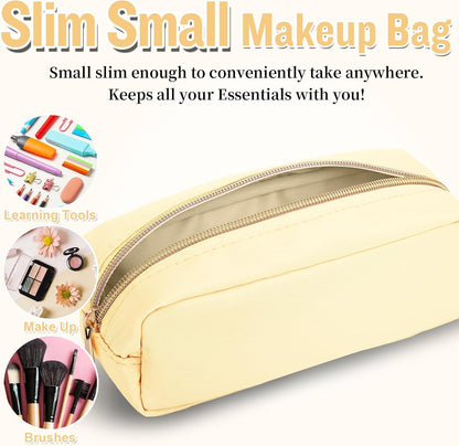 Nylon Large Floral Makeup Organizer Bag, Preppy Big Cute Flower Cosmetic Zipper Pouch Multi-compartment with Dividers, Waterproof Toiletry Make Up Bag Travel Essentials for Women(Light Yellow-Flower)