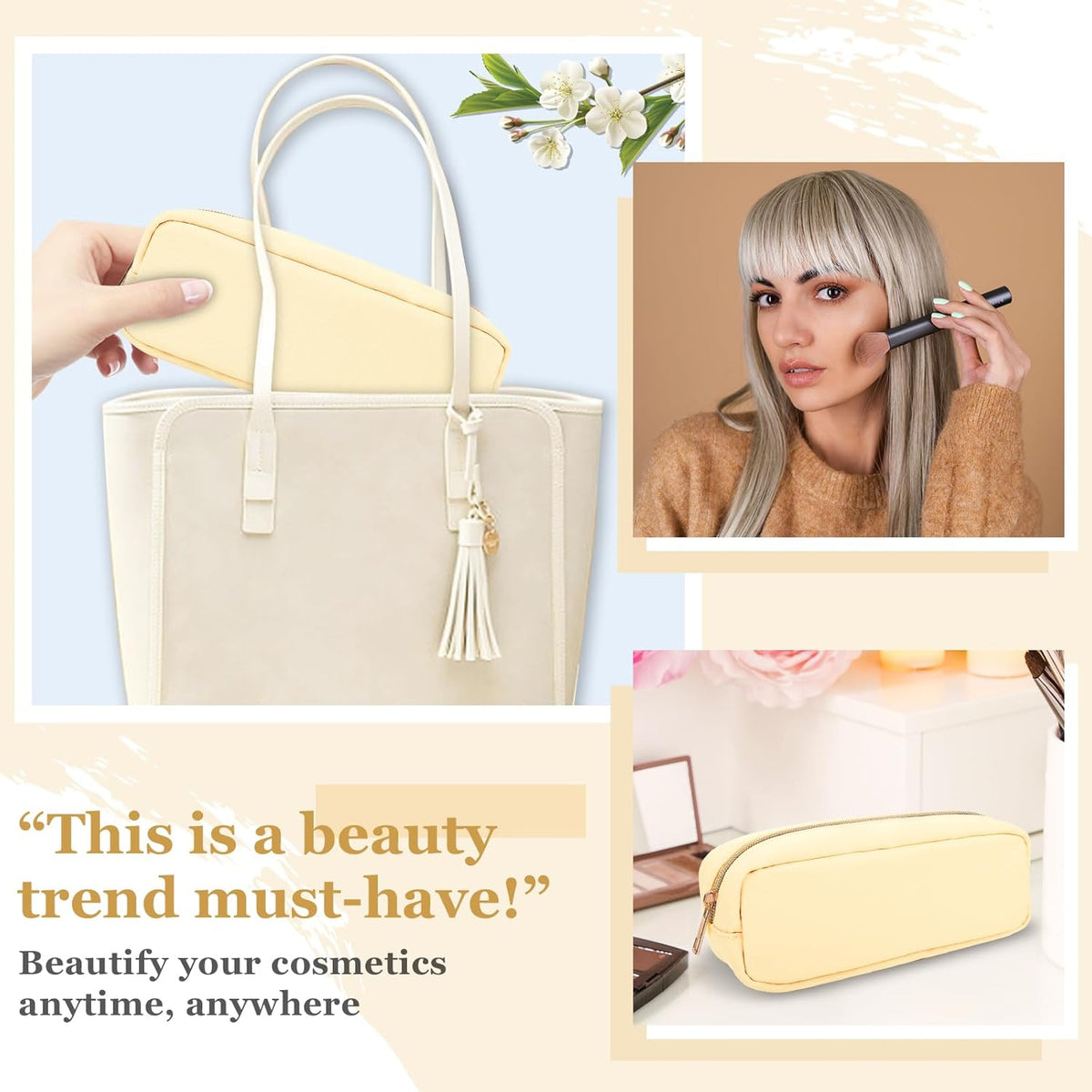 Nylon Large Floral Makeup Organizer Bag, Preppy Big Cute Flower Cosmetic Zipper Pouch Multi-compartment with Dividers, Waterproof Toiletry Make Up Bag Travel Essentials for Women(Light Yellow-Flower)
