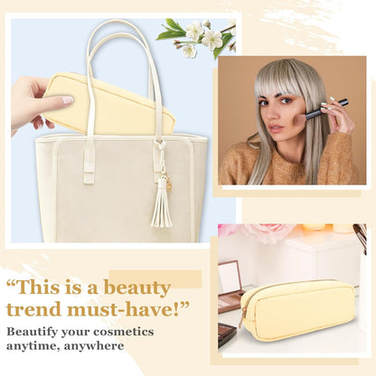 Nylon Large Floral Makeup Organizer Bag, Preppy Big Cute Flower Cosmetic Zipper Pouch Multi-compartment with Dividers, Waterproof Toiletry Make Up Bag Travel Essentials for Women(Light Yellow-Flower)