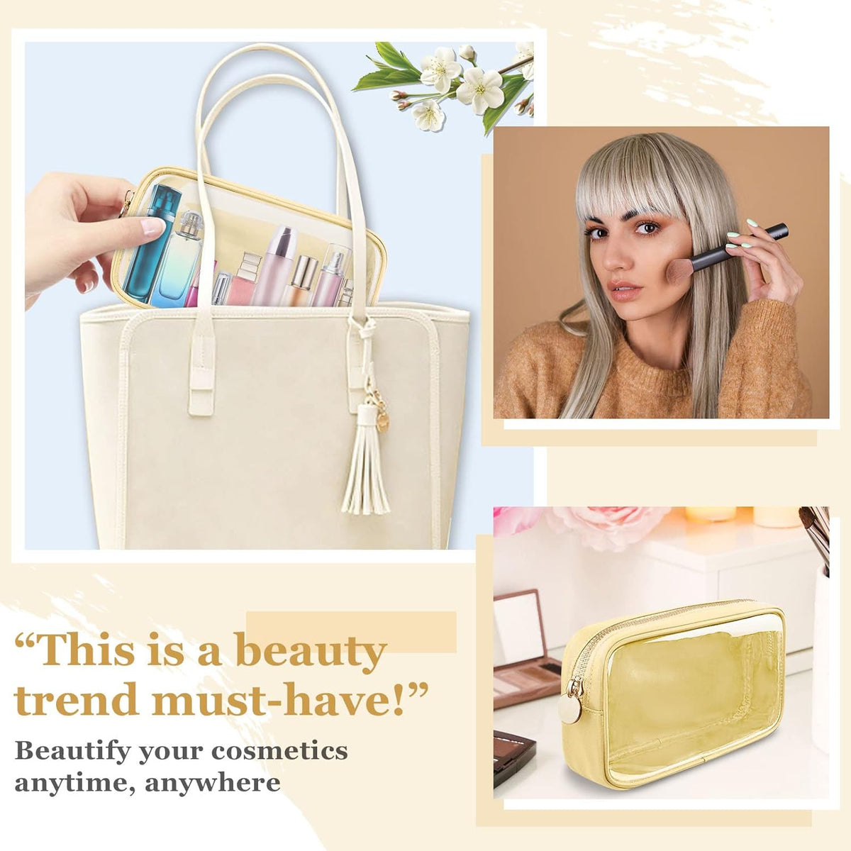 Nylon Large Floral Makeup Organizer Bag, Preppy Big Cute Flower Cosmetic Zipper Pouch Multi-compartment with Dividers, Waterproof Toiletry Make Up Bag Travel Essentials for Women(Light Yellow-Flower)