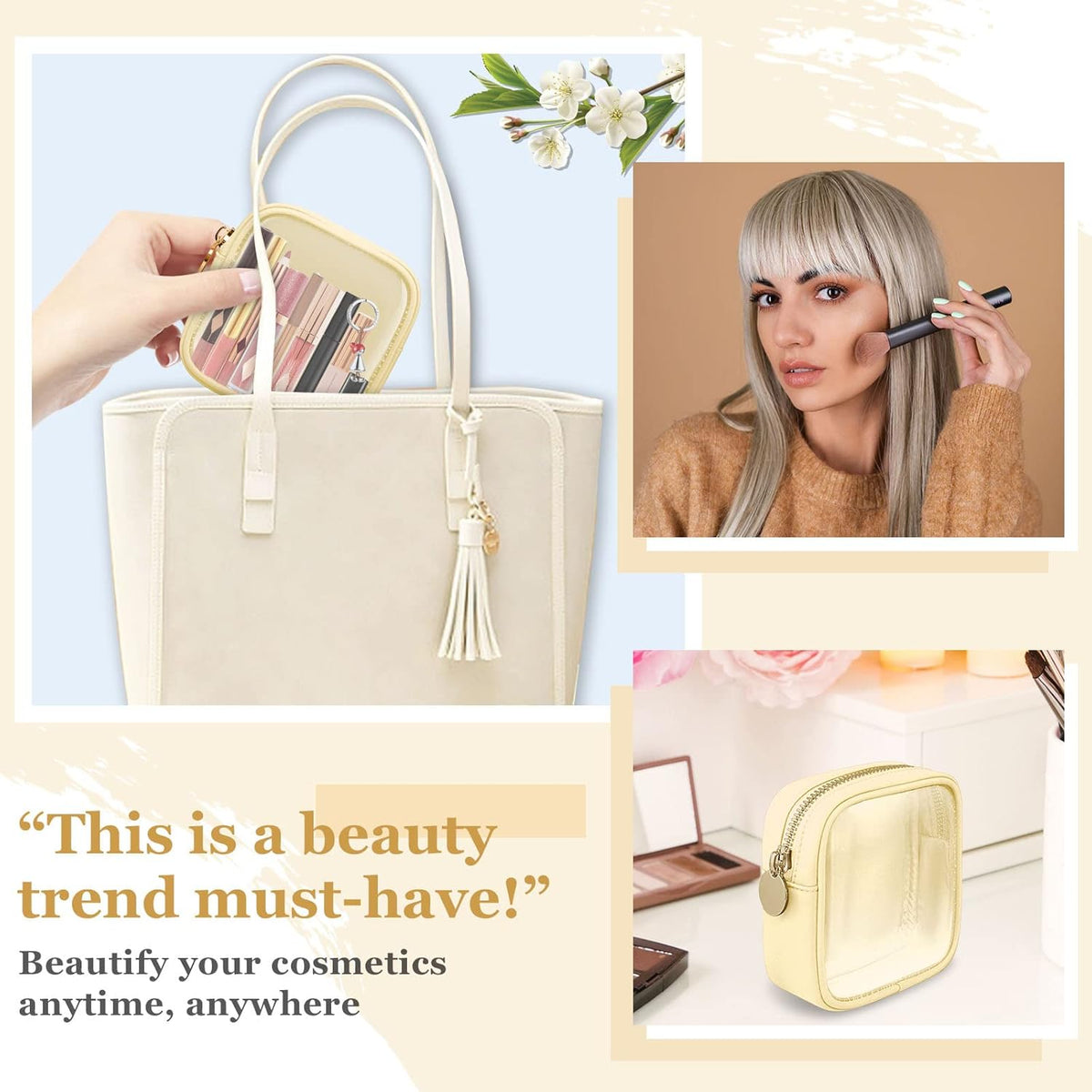 Nylon Large Floral Makeup Organizer Bag, Preppy Big Cute Flower Cosmetic Zipper Pouch Multi-compartment with Dividers, Waterproof Toiletry Make Up Bag Travel Essentials for Women(Light Yellow-Flower)